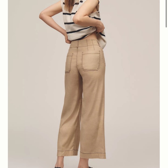 Anthropologie Maeve Colette Cropped Wide-Leg Pants Contrast-Stitch Linen Edition - Picture 3 of 5